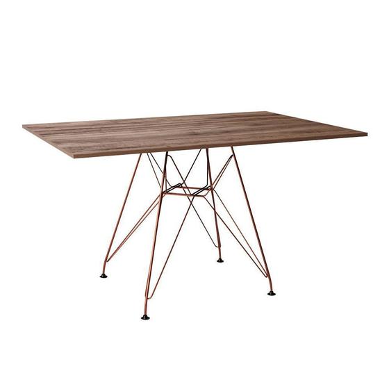 Imagem de Mesa Eiffel Retangular 120x75 Tampo De Madeira Amendôa Com Base De Ferro Cobre