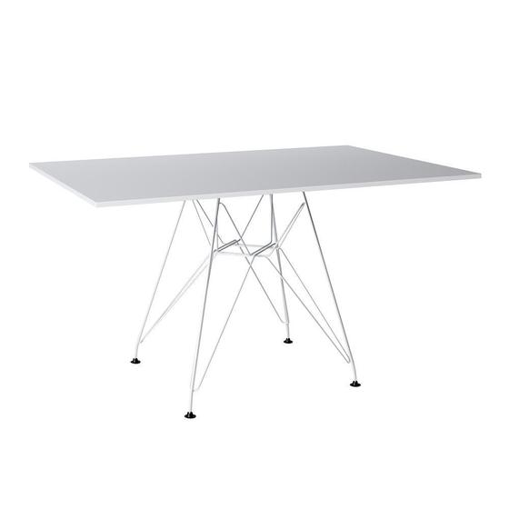 Imagem de Mesa Eiffel Retangular 120x75 Tampo De Madeira Branco Com Base De Ferro Branco
