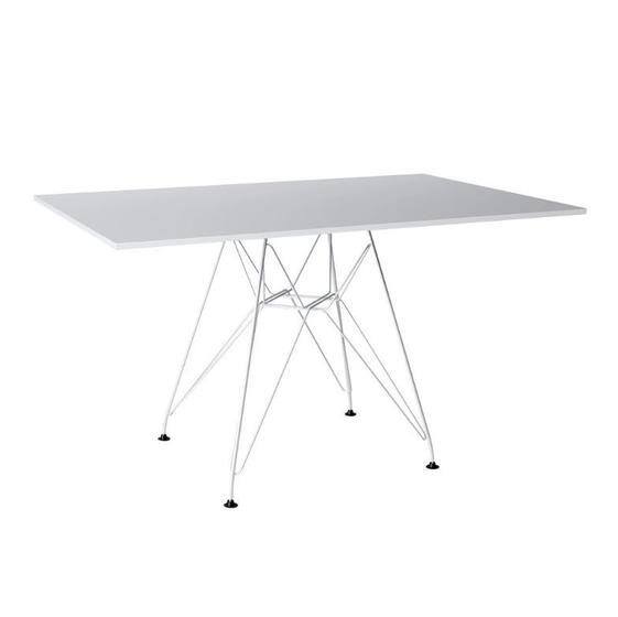 Imagem de Mesa Eiffel Retangular 120x75 Tampo De Madeira Branco Com Base De Ferro Branco