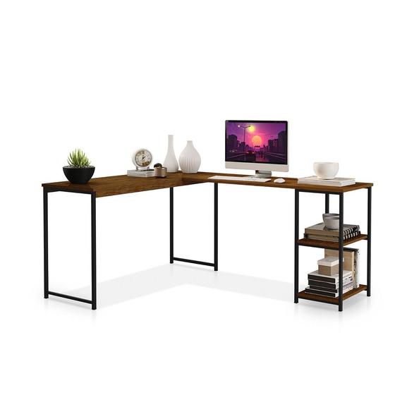 Imagem de Mesa em L Com prateleira Office em MDF Estilo Insdustrial  KLM Store