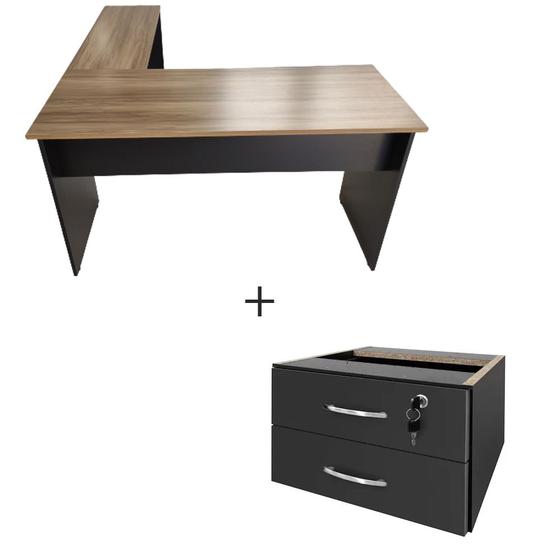 Mesa Escritório em L Mesa 1,70m + Mesa Auxiliar 02 Gavetas WORDSTAR Nogal Málaga / Preto Menor preço em Mesa Escritório em L Mesa 1,70m + Mesa Auxiliar 02 Gavetas WORDSTAR Nogal Málaga / Preto