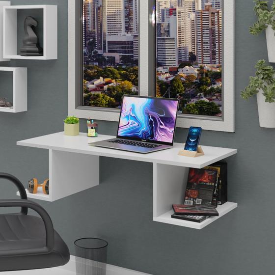 Imagem de Mesa Escritório Suspensa Escrivaninha Computador 90x42cm Com Prateleiras