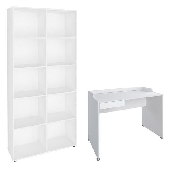 Imagem de Mesa Escrivaninha 113cm Smile E Estante Livreiro 90x187cm Lean A06 Branco - Mpozenato