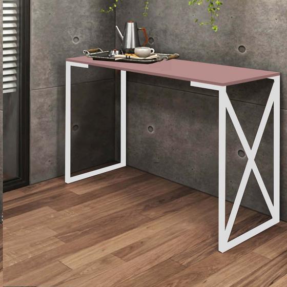 Imagem de Mesa Escrivaninha Bex Industrial Escritório Ferro Branco MDF Rose Rosa - Ahazzo Móveis