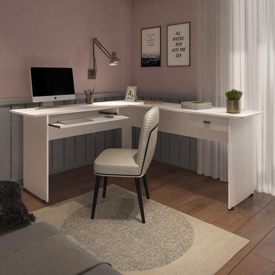 Mesa Escrivaninha de Canto em L MDF Prateleira Computador 1 Gaveta ...
