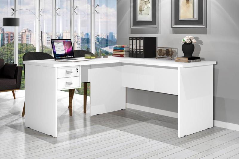 Imagem de Mesa / Escrivaninha em L Para Computador TAUR 2 Gavetas sendo 1 Com Chave e Puxadores Cromados Cor Branco