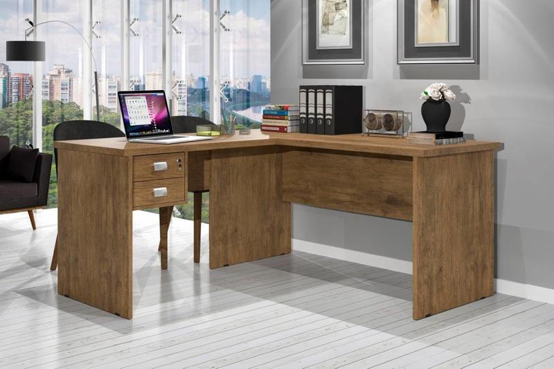 Imagem de Mesa / Escrivaninha em L Para Computador TAUR 2 Gavetas sendo 1 Com Chave e Puxadores Cromados Cor Jequitiba