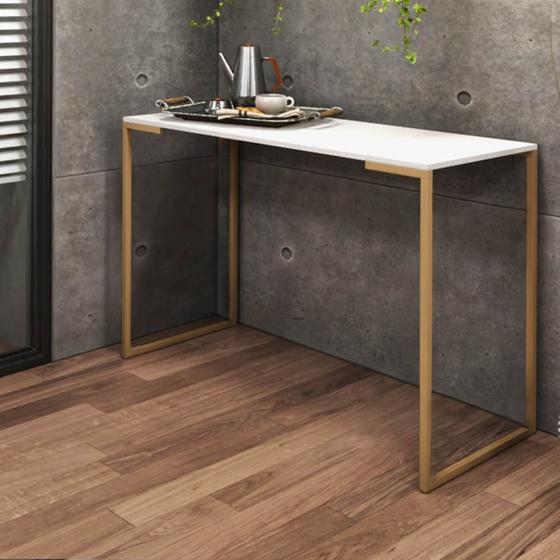 Imagem de Mesa Escrivaninha Escritório e Home Office Ley Industrial Ferro Dourado Tampo MDF Branco - Ahz Móveis