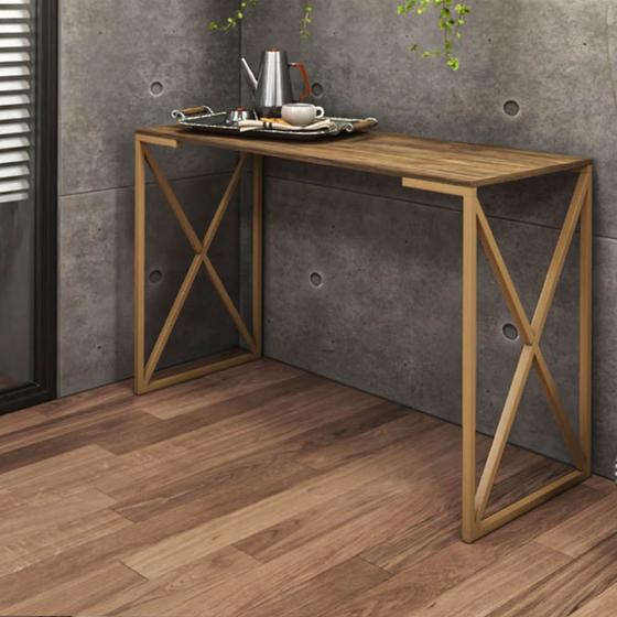 Mesa Escrivaninha Escritório e Home Office X Zurik X Industrial Ferro Dourado Tampo MDF Nogal - Ahazzo Móveis Menor preço em Mesa Escrivaninha Escritório e Home Office X Zurik X Industrial Ferro Dourado Tampo MDF Nogal - Ahazzo Móveis