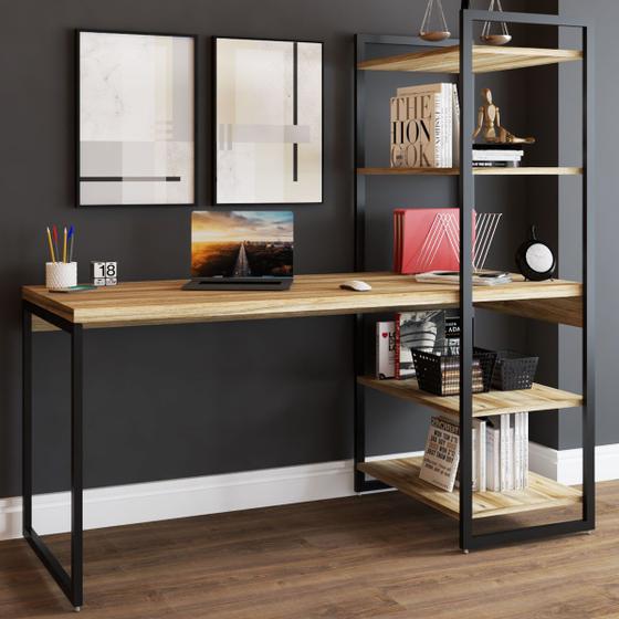 Mesa Escrivaninha Flex Industrial Aço 4 Prateleiras Carvalho/preto - Panorama Móveis Menor preço em Mesa Escrivaninha Flex Industrial Aço 4 Prateleiras Carvalho/preto - Panorama Móveis