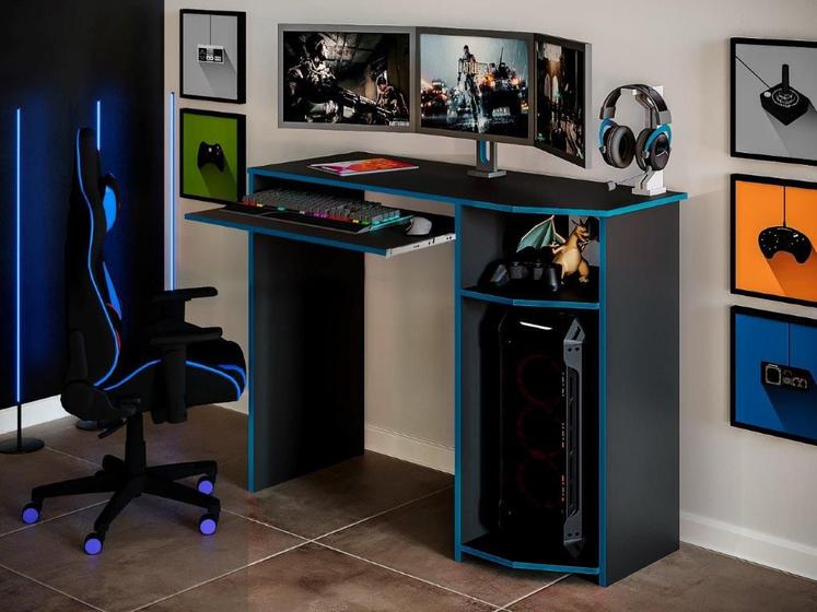 Mesa / Escrivaninha Game Com Apoio Para Teclado Retrátil e Nicho para CPU Cor Preto / Azul Menor preço em Mesa / Escrivaninha Game Com Apoio Para Teclado Retrátil e Nicho para CPU Cor Preto / Azul