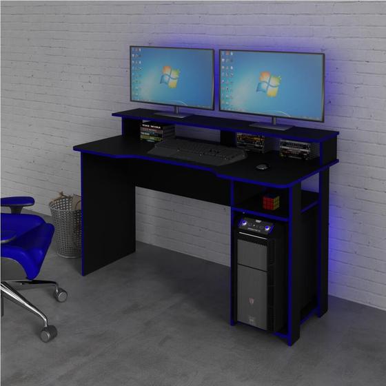 Mesa Escrivaninha Gamer com 4 Nichos Tecno Mobili - Preto/Azul Menor preço em Mesa Escrivaninha Gamer com 4 Nichos Tecno Mobili - Preto/Azul