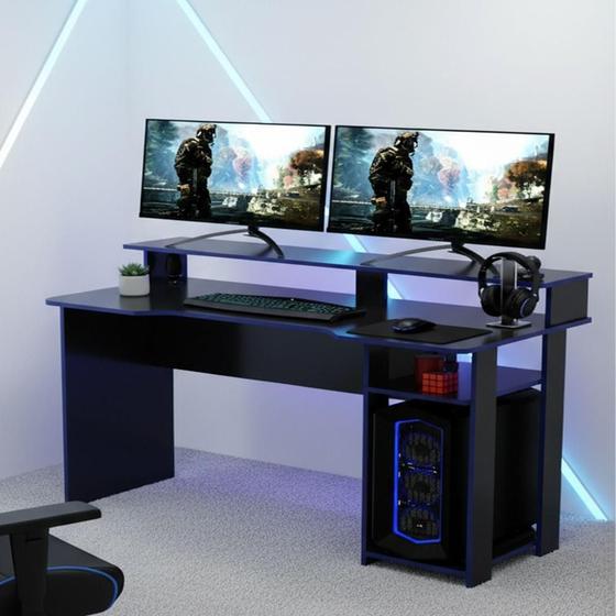 Imagem de Mesa Escrivaninha Gamer com 4 Nichos Tecno Mobili - Preto/Azul