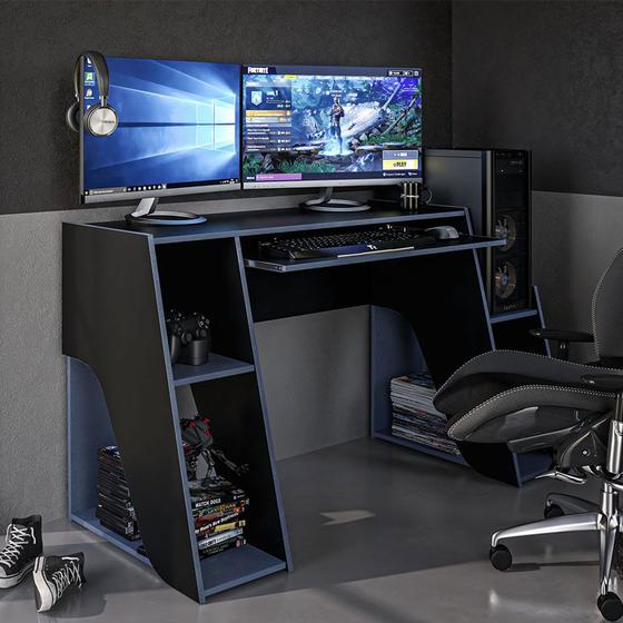 Mesa Escrivaninha Gamer com Suporte para Teclado e CPU 03 Nichos Kyoto Preto/Azul Politorno Móveis é boa?