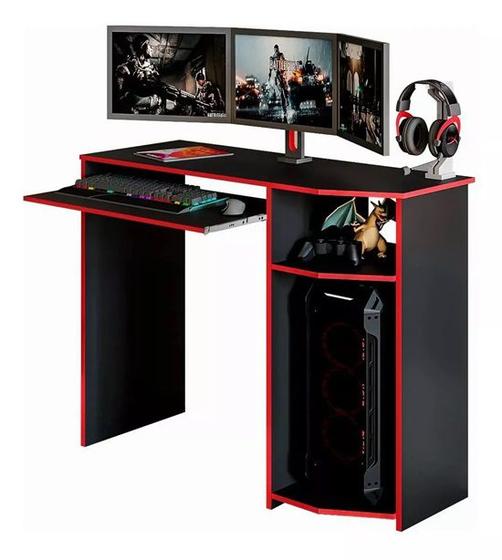 Imagem de Mesa Escrivaninha Gamer Para Computador e Notebook Preto Com Vermelho 