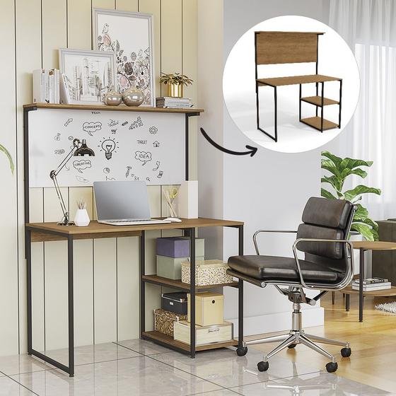 Imagem de Mesa Escrivaninha Home Office 2 Prateleiras Com Painel Estilo Industrial Freijo