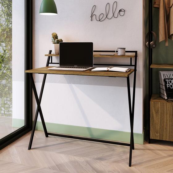 Mesa Escrivaninha Industrial Dobrável Steel Wood Trevalla Preto/Amadeirado Menor preço em Mesa Escrivaninha Industrial Dobrável Steel Wood Trevalla Preto/Amadeirado