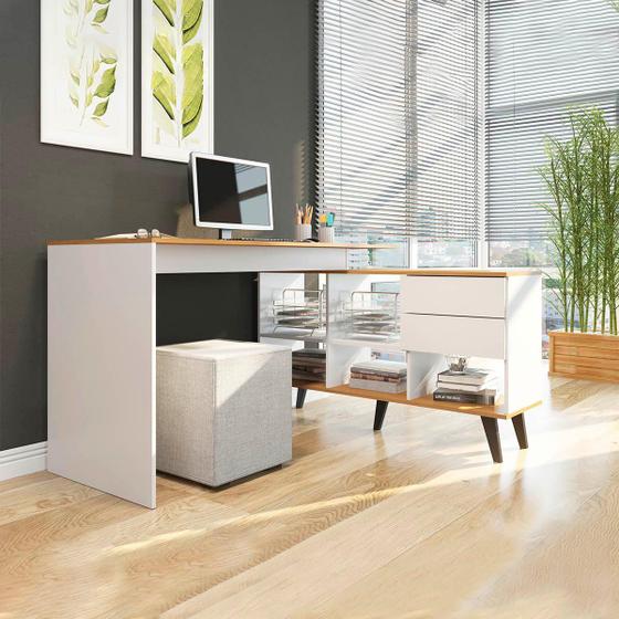 Mesa Escrivaninha L Balcão 2 Gavetas Pés Retrô MDP Branco Office 0747 - PRIME Menor preço em Mesa Escrivaninha L Balcão 2 Gavetas Pés Retrô MDP Branco Office 0747 - PRIME