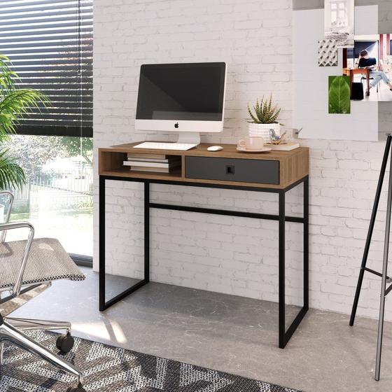 Mesa Escrivaninha Multiuso Quarto Estudos Home Escritório 1 Porta 1 Gaveta Marrom Madeira Cinza Menor preço em Mesa Escrivaninha Multiuso Quarto Estudos Home Escritório 1 Porta 1 Gaveta Marrom Madeira Cinza