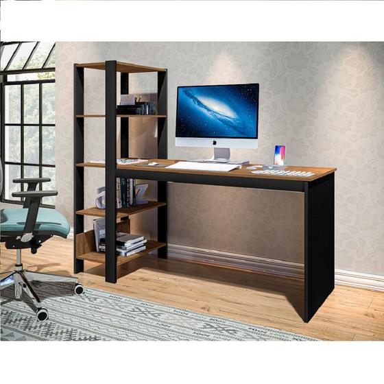 Mesa Escrivaninha Office Com Estante 3 Prat. Artemis - Preto com Canela Rustico Menor preço em Mesa Escrivaninha Office Com Estante 3 Prat. Artemis - Preto com Canela Rustico