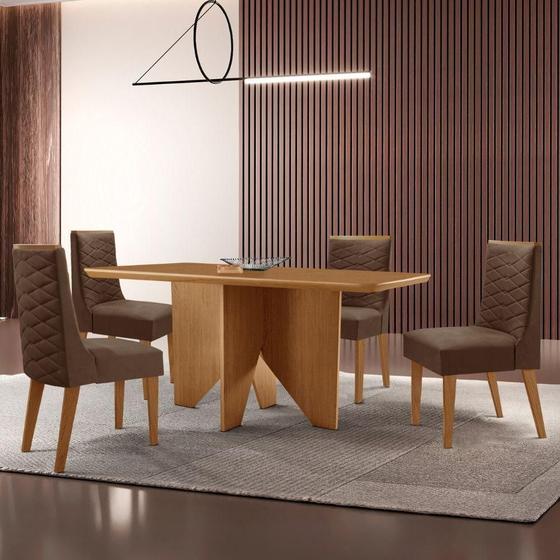 Imagem de Mesa Evora 120 Mdf Canto Copo E Com 4 Cadeiras Safira Veludo Marrom-naturalle-naturalle