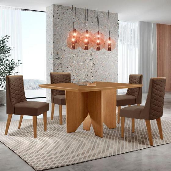 Imagem de Mesa Evora 90 Mdf Canto Copo E Com 4 Cadeiras Safira Veludo Marrom-naturalle-naturalle