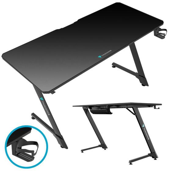 Imagem de Mesa Gamer Com Superfície de Microfibra Base Aço Reforçado Tamanho  Grande Cor Preto Com Suporte de Headset e Copo