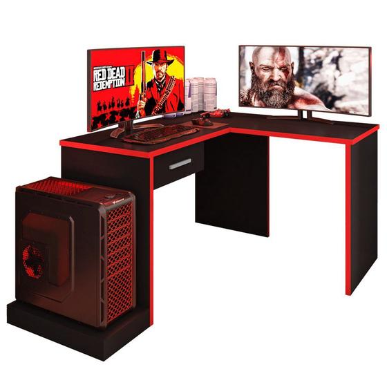 Mesa Gamer em L Para Computador DRX9000 Preto/Vermelho - Móveis Leão Menor preço em Mesa Gamer em L Para Computador DRX9000 Preto/Vermelho - Móveis Leão