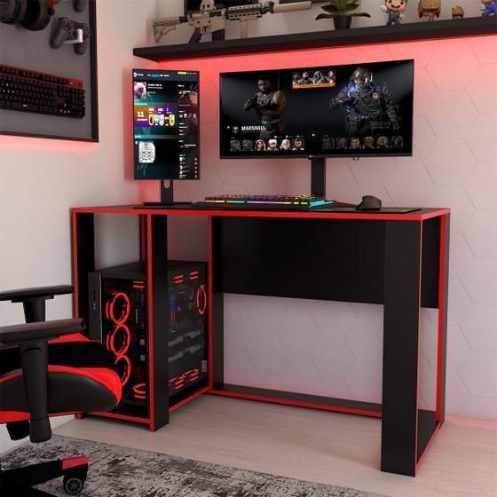 Imagem de Mesa Gamer Level Espaço para 2 Monitores e Cpu Preto/Vermelho - Panorama Móveis