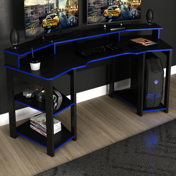 Mesa Gamer Para 2 Monitores 3 Prateleiras Preto/azul Me4167 - Tecno Mobili Menor preço em Mesa Gamer Para 2 Monitores 3 Prateleiras Preto/azul Me4167 - Tecno Mobili