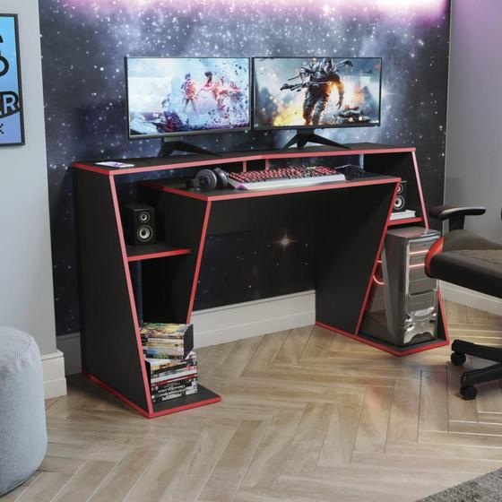 Mesa Gamer Para PC Computador em MDF 4 Nichos 2 Andares 145 cm Escrivaninha Office Preto Vermelho Menor preço em Mesa Gamer Para PC Computador em MDF 4 Nichos 2 Andares 145 cm Escrivaninha Office Preto Vermelho