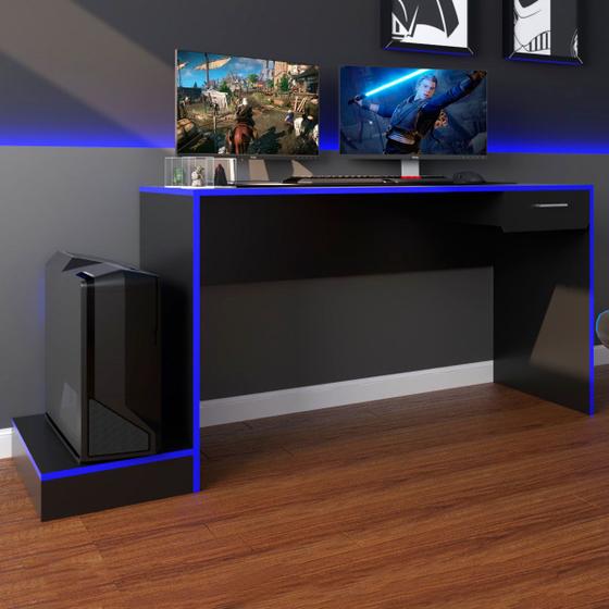 Mesa Gamer Stone Ideal Para 2 Monitores Preto/azul - Pnr Móveis Menor preço em Mesa Gamer Stone Ideal Para 2 Monitores Preto/azul - Pnr Móveis