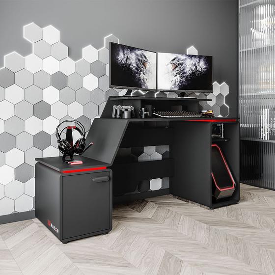 Mesa Gamer XT Racer Space Two 1 Porta 2 Prateleiras Preto/Vermelho - Politorno Menor preço em Mesa Gamer XT Racer Space Two 1 Porta 2 Prateleiras Preto/Vermelho - Politorno