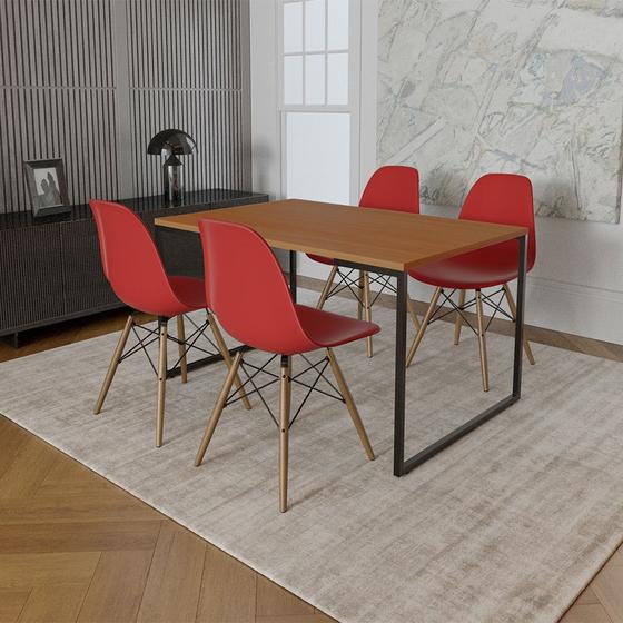 Imagem de Mesa Industrial Base de Ferro Preto Tampo 137x90 Canela 4 Cadeiras Eames Madeira Assento Vermelho