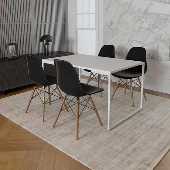 Imagem de Mesa Industrial Base Ferro Branco 137x90 Tampo Branco 4 Cadeiraseiffel Madeira Assento Preto