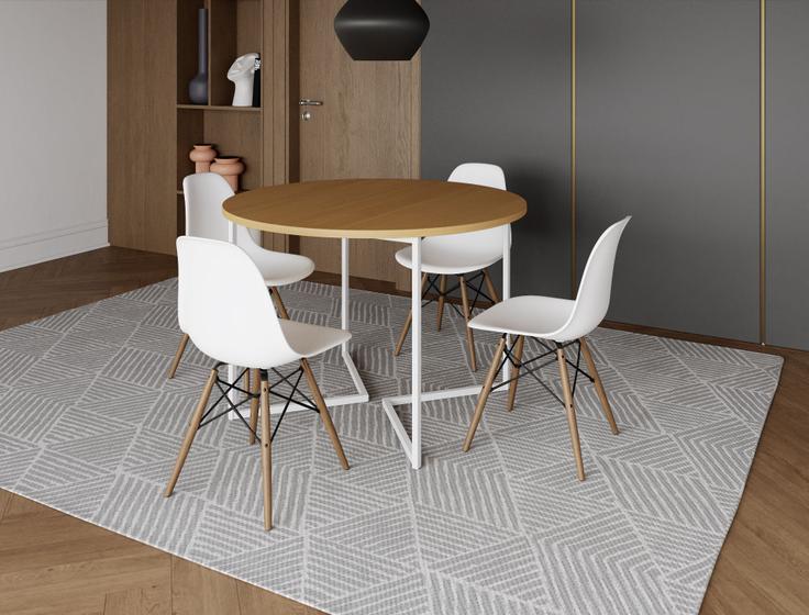 Imagem de Mesa Industrial Base Ferro Branco em  V  Tampo 110cm Canela 4 Cadeiras Eames Madeira Assento Branco