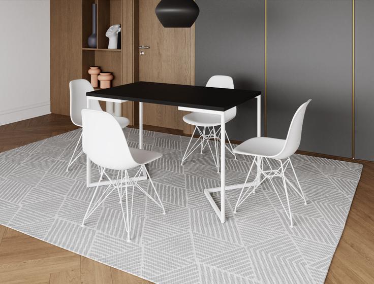 Imagem de Mesa Industrial Base Ferro Branco em  V  Tampo 137x90 Preto 4 Cadeiras Eames Assento Branco Ferro Branco