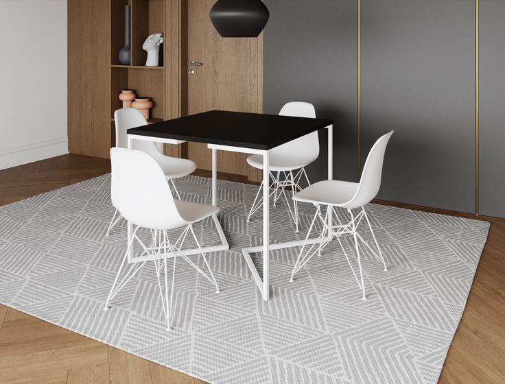 Imagem de Mesa Industrial Base Ferro Branco em  V  Tampo 90x90 Preto  4 Cadeiras Eames Ferro Assento Branco