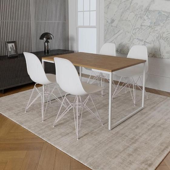 Imagem de Mesa Industrial Base Ferro Branco Tampo 137x90 Amendoa 4 Cadeiras Eames Ferro Branco Assento Branco