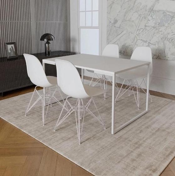 Imagem de Mesa Industrial Base Ferro Branco Tampo 137x90 Branco 4 Cadeiras Eames Ferro Branco Assento Branco
