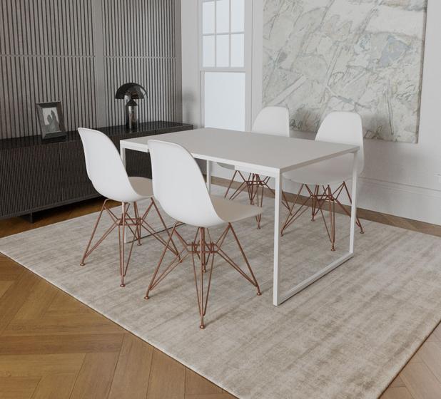 Imagem de Mesa Industrial Base Ferro Branco Tampo 137x90 Branco 4 Cadeiras Eames Ferro Cobre Assento Branco