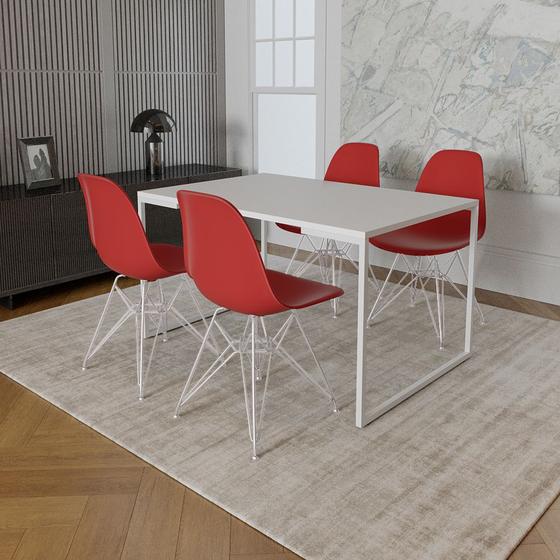 Imagem de Mesa Industrial Base Ferro Branco Tampo 137x90 Branco 4 Cadeiras Ferro Branco Assento Vermelho