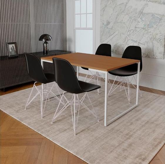 Imagem de Mesa Industrial Base Ferro Branco Tampo 137x90 Canela 4 Cadeiras Eames Ferro Branco Assento Preto