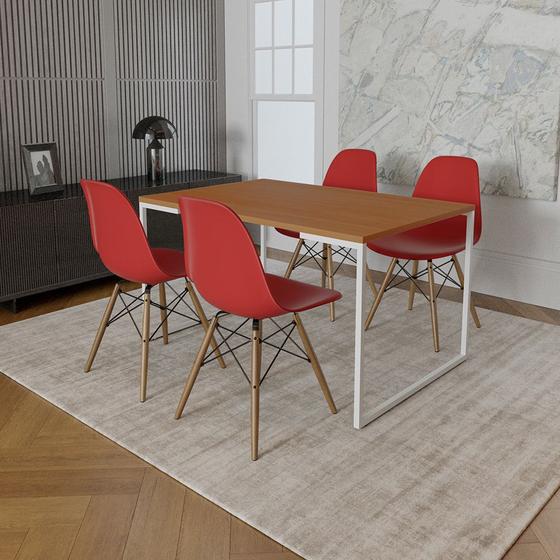 Imagem de Mesa Industrial Base Ferro Branco Tampo 137x90 Canela 4 Cadeiras Eames Madeira Assento Vermelho