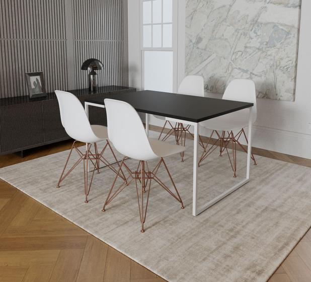 Imagem de Mesa Industrial Base Ferro Branco Tampo 137x90 Preto 4 Cadeiras Eames Ferro Cobre Assento Branco