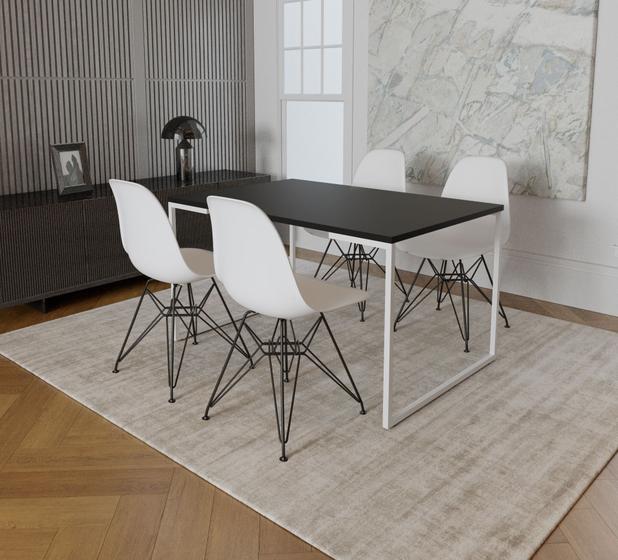 Imagem de Mesa Industrial Base Ferro Branco Tampo 137x90 Preto 4 Cadeiras Eames Ferro Preto  Assento Branco