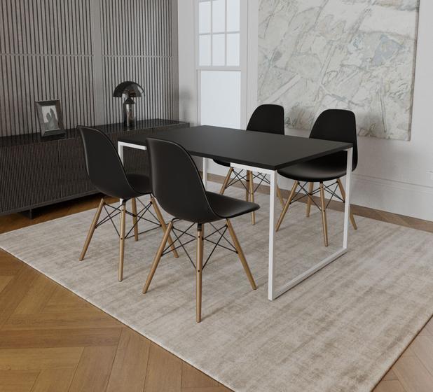 Imagem de Mesa Industrial Base Ferro Branco Tampo 137x90 Preto 4 Cadeiras Eames Madeira Assento Preto