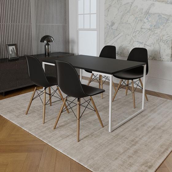 Imagem de Mesa Industrial Base Ferro Branco Tampo 137x90 Preto 4 Cadeiras Eames Madeira Assento Preto