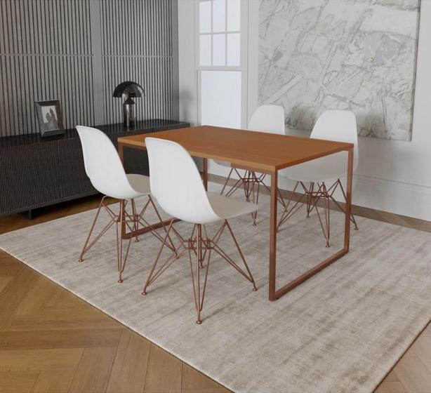 Imagem de Mesa Industrial Base Ferro Cobre Tampo 137x90 Canela 4 Cadeiras Eames Ferro Cobre Assento Branco