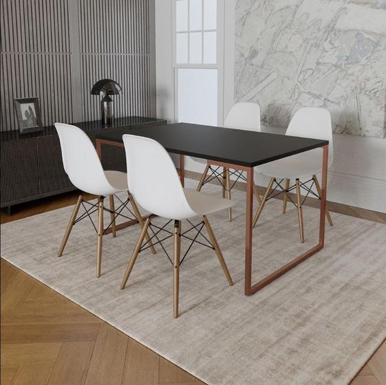 Imagem de Mesa Industrial Base Ferro Cobre Tampo 137x90 Preto 4 Cadeiras Eames Madeira Assento Branco